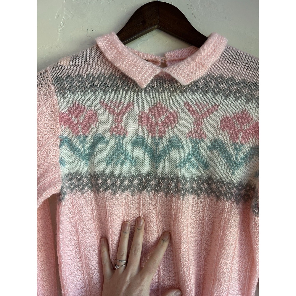 Vintage Mademoiselle Pullover Sweater S Floral 80s Collared Baby Pink S - Picture 6 of 8